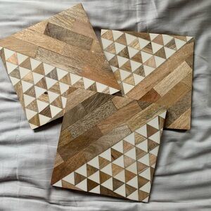 Set of 3 Wooden Trivets with Inlayed Geometric Design